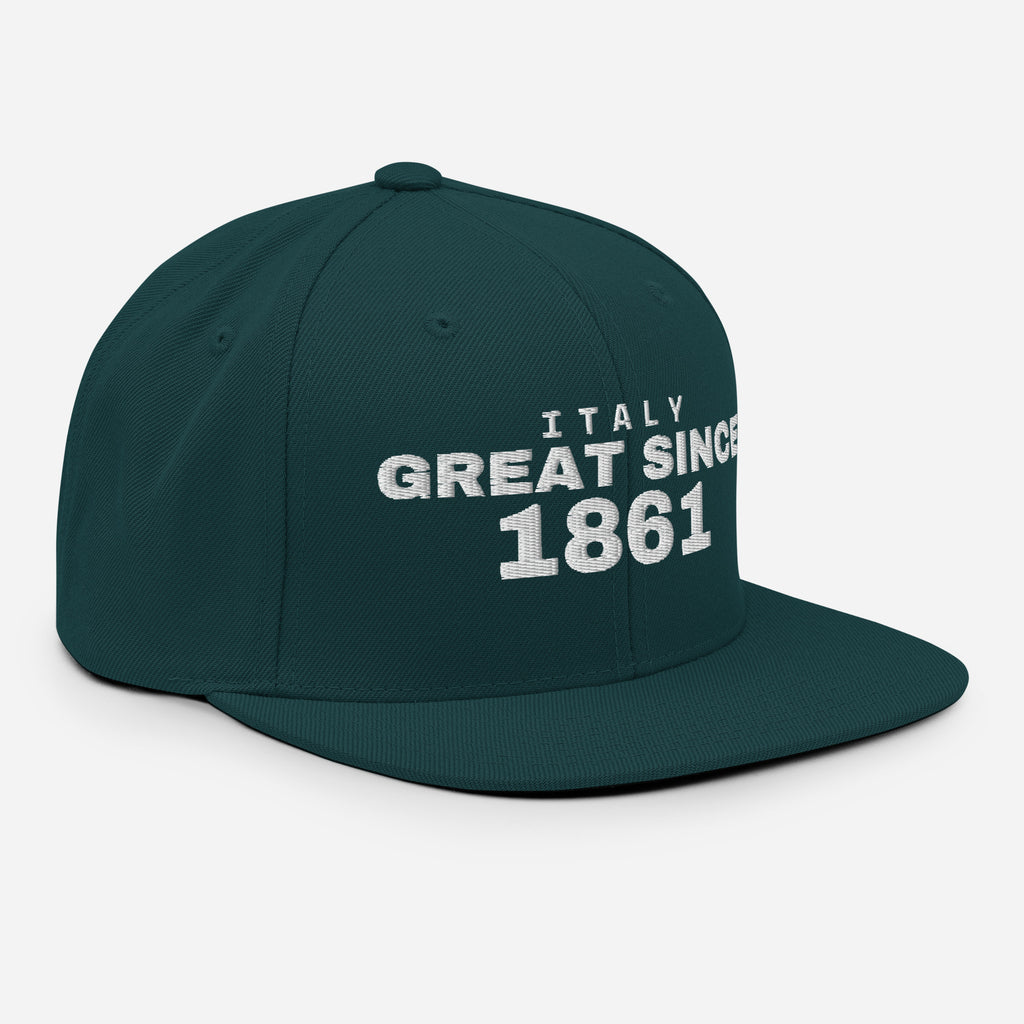 Spruce green snapback cap with ITALY GREAT SINCE 1861 embroidery