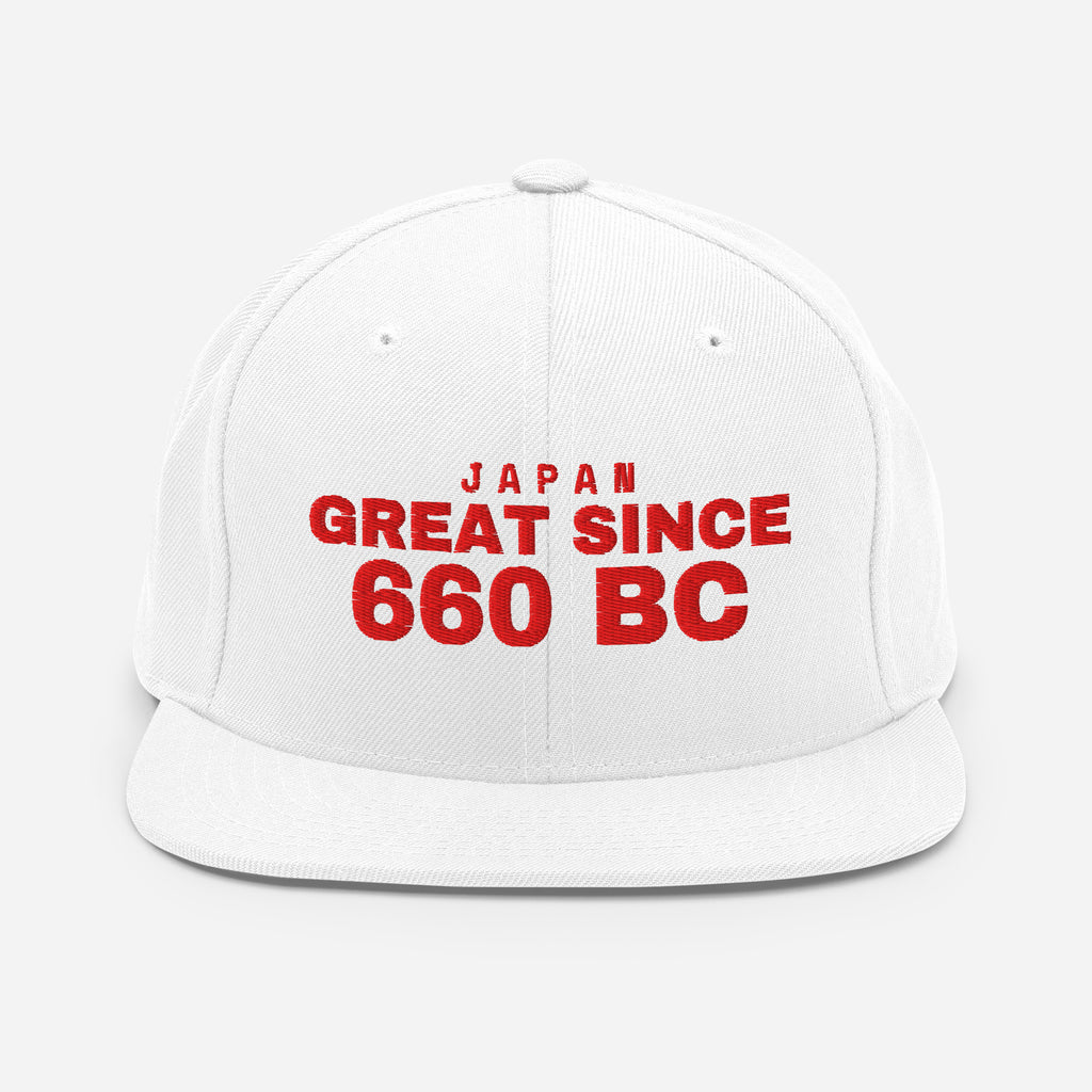 White snapback cap with JAPAN GREAT SINCE 660 BC embroidery
