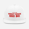 White snapback cap with JAPAN GREAT SINCE 660 BC embroidery