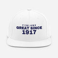 White snapback cap with FINLAND GREAT SINCE 1917 embroidery