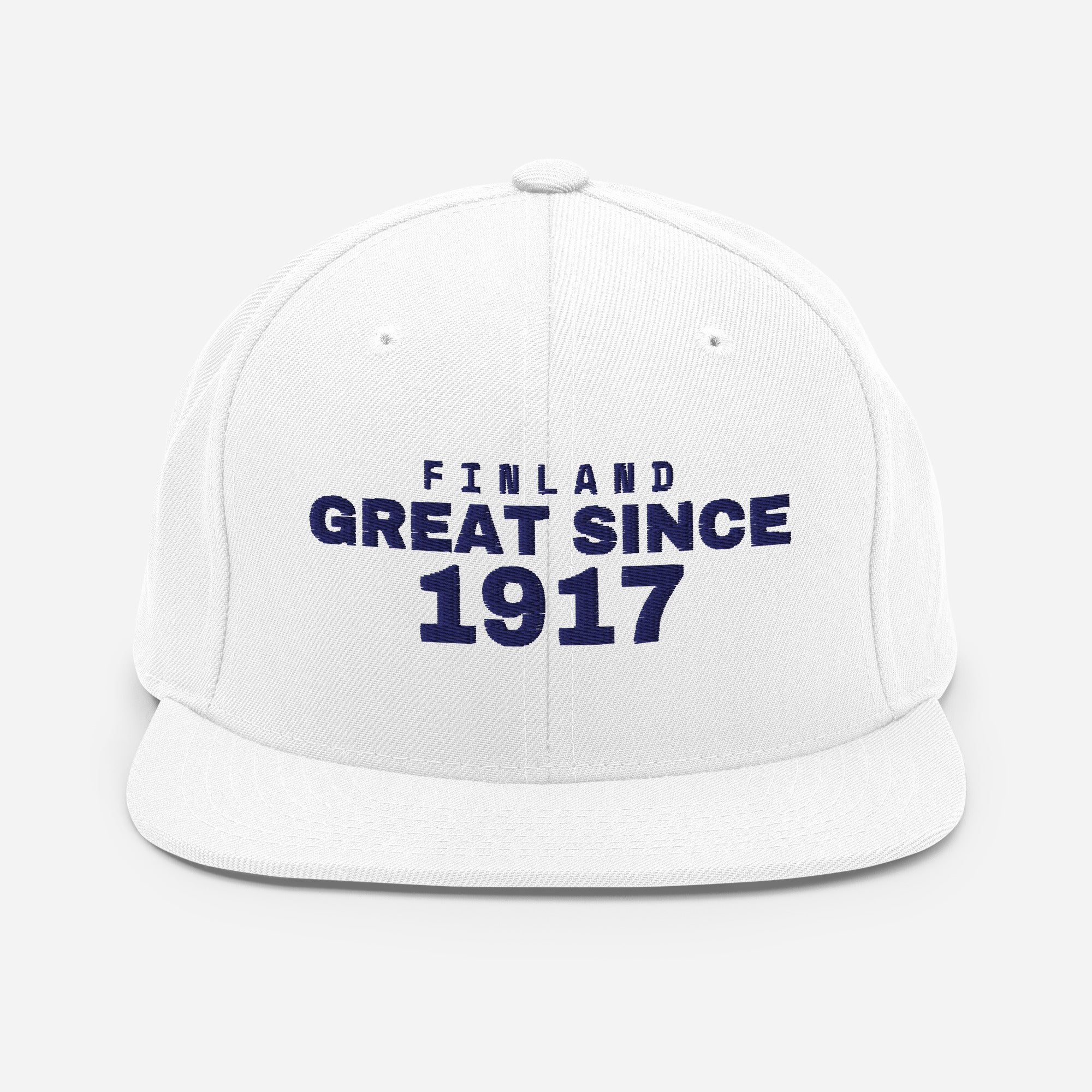 White snapback cap with FINLAND GREAT SINCE 1917 embroidery