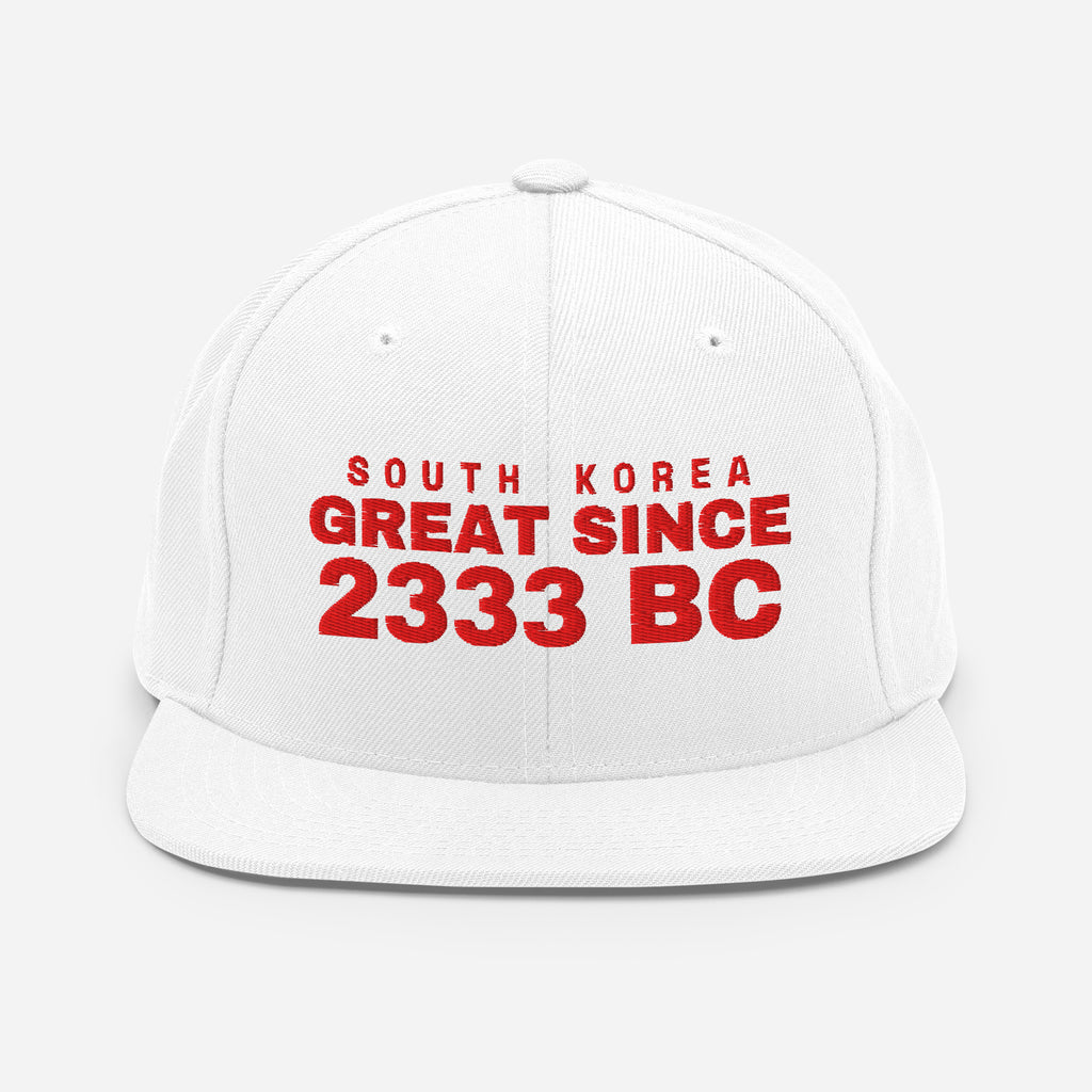 White snapback cap with SOUTH KOREA GREAT SINCE 2333 BC embroidery