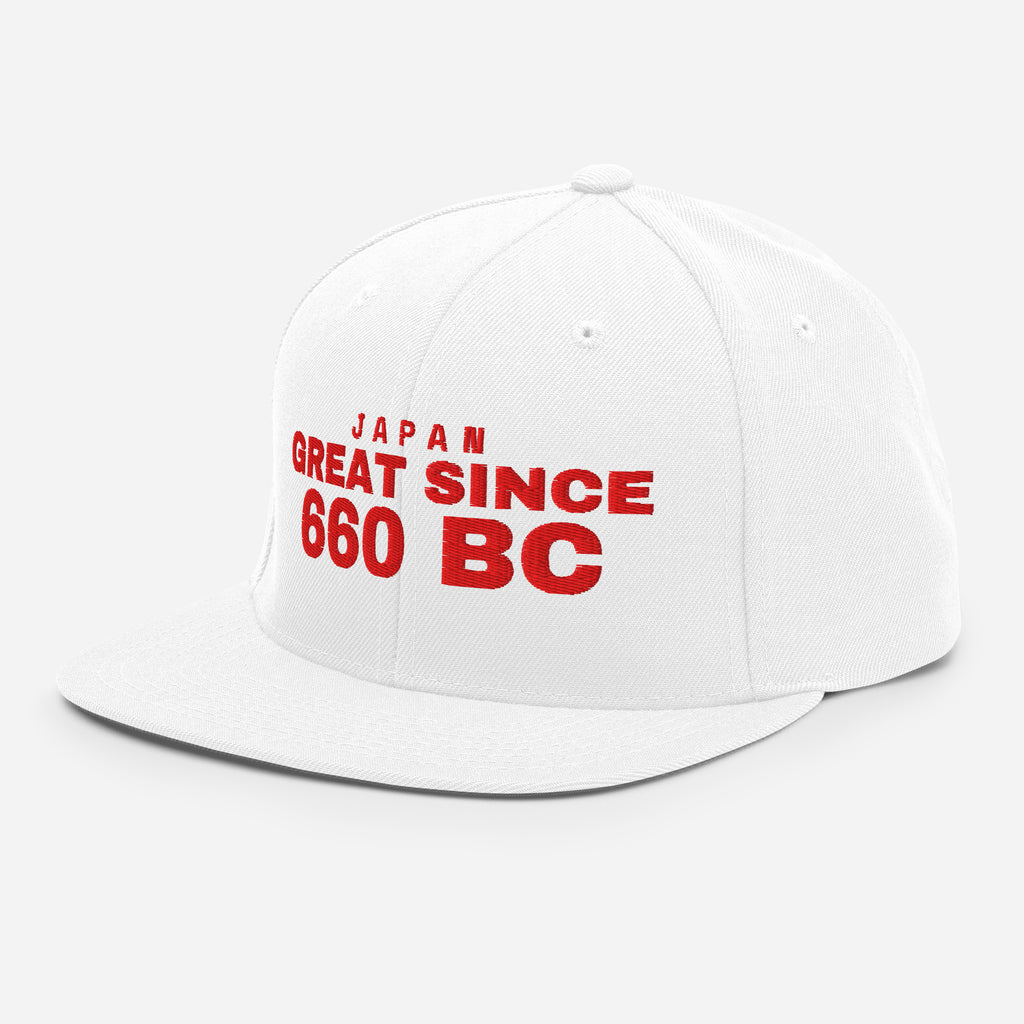 White snapback cap with JAPAN GREAT SINCE 660 BC embroidery