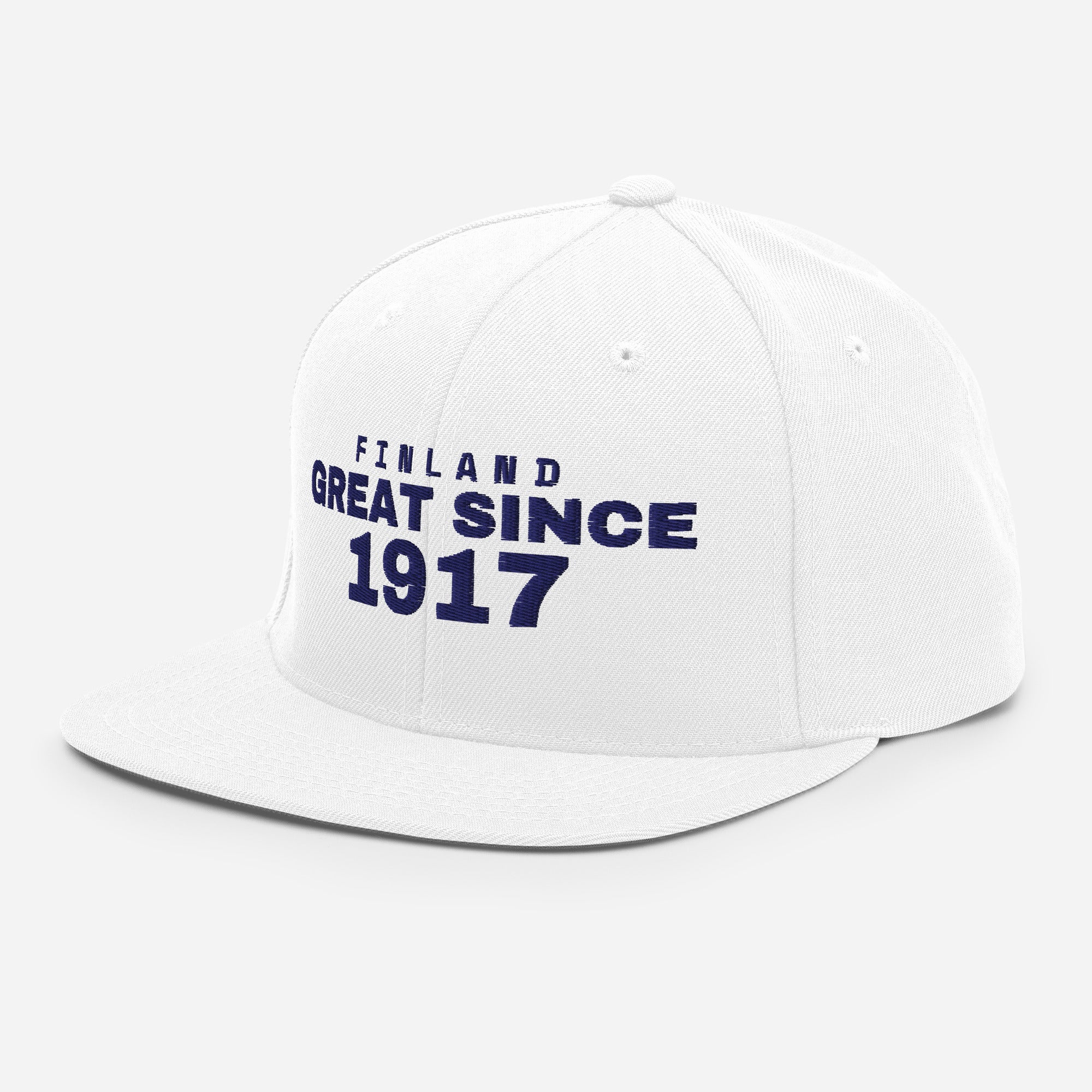 White snapback cap with FINLAND GREAT SINCE 1917 embroidery