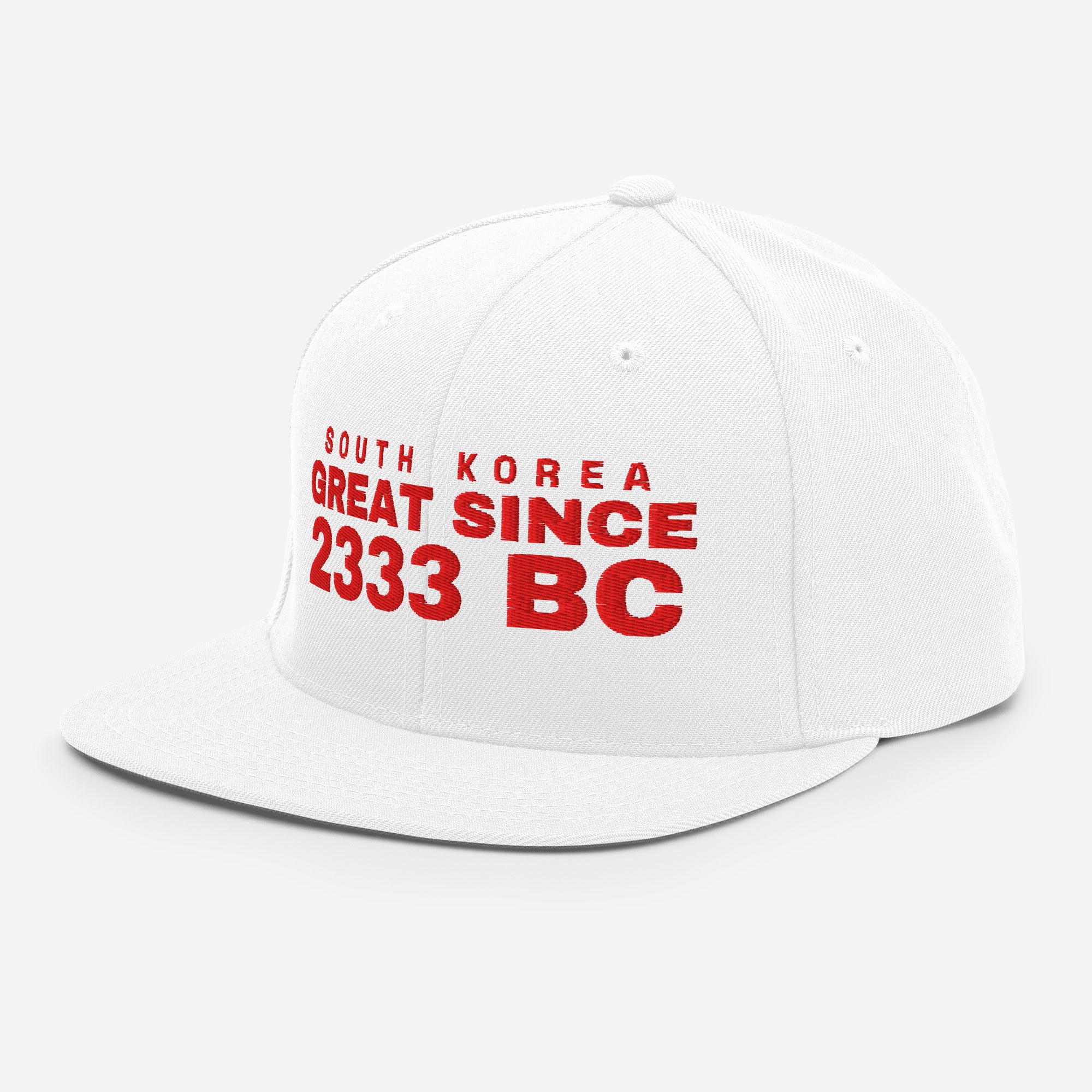 White snapback cap with SOUTH KOREA GREAT SINCE 2333 BC embroidery