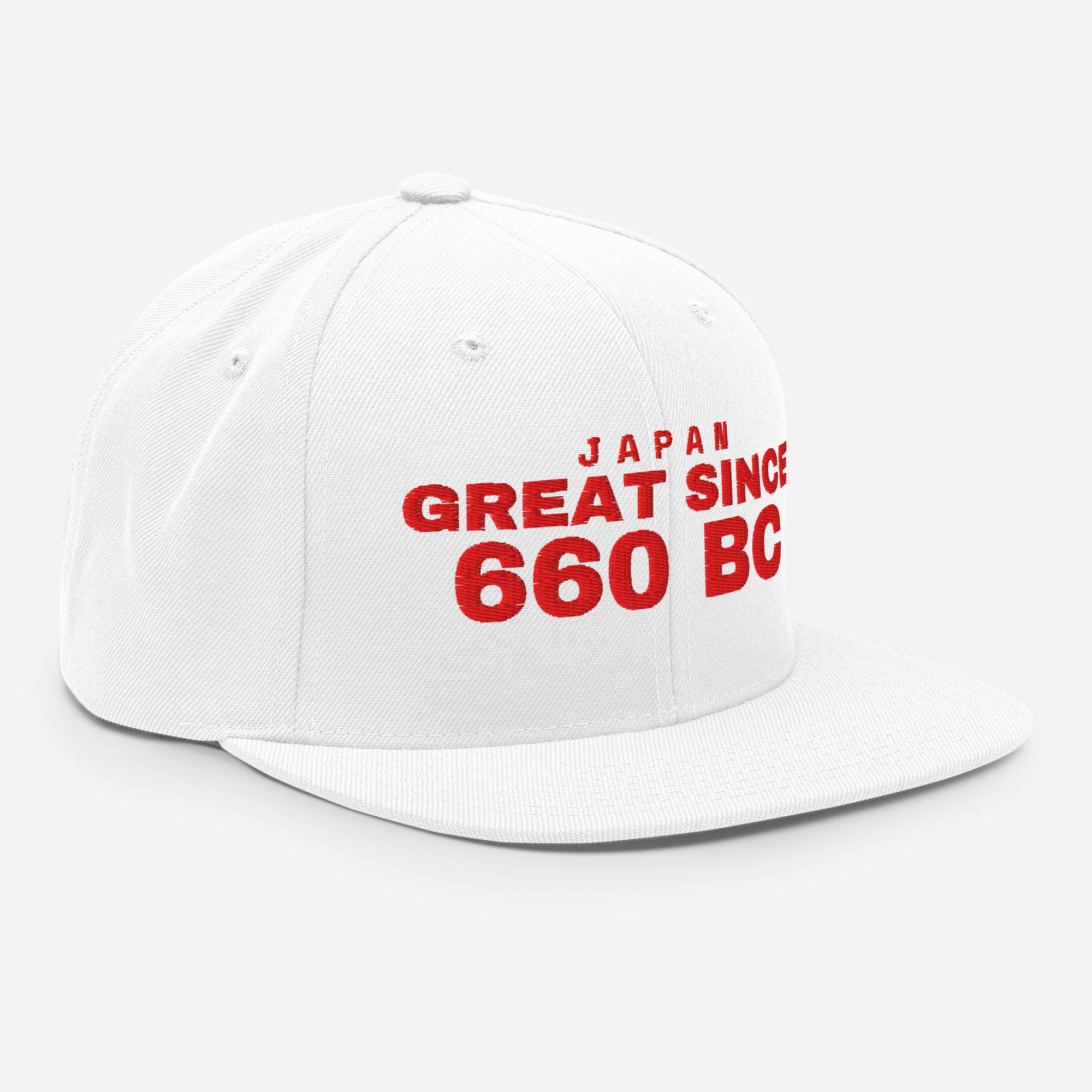 White snapback cap with JAPAN GREAT SINCE 660 BC embroidery
