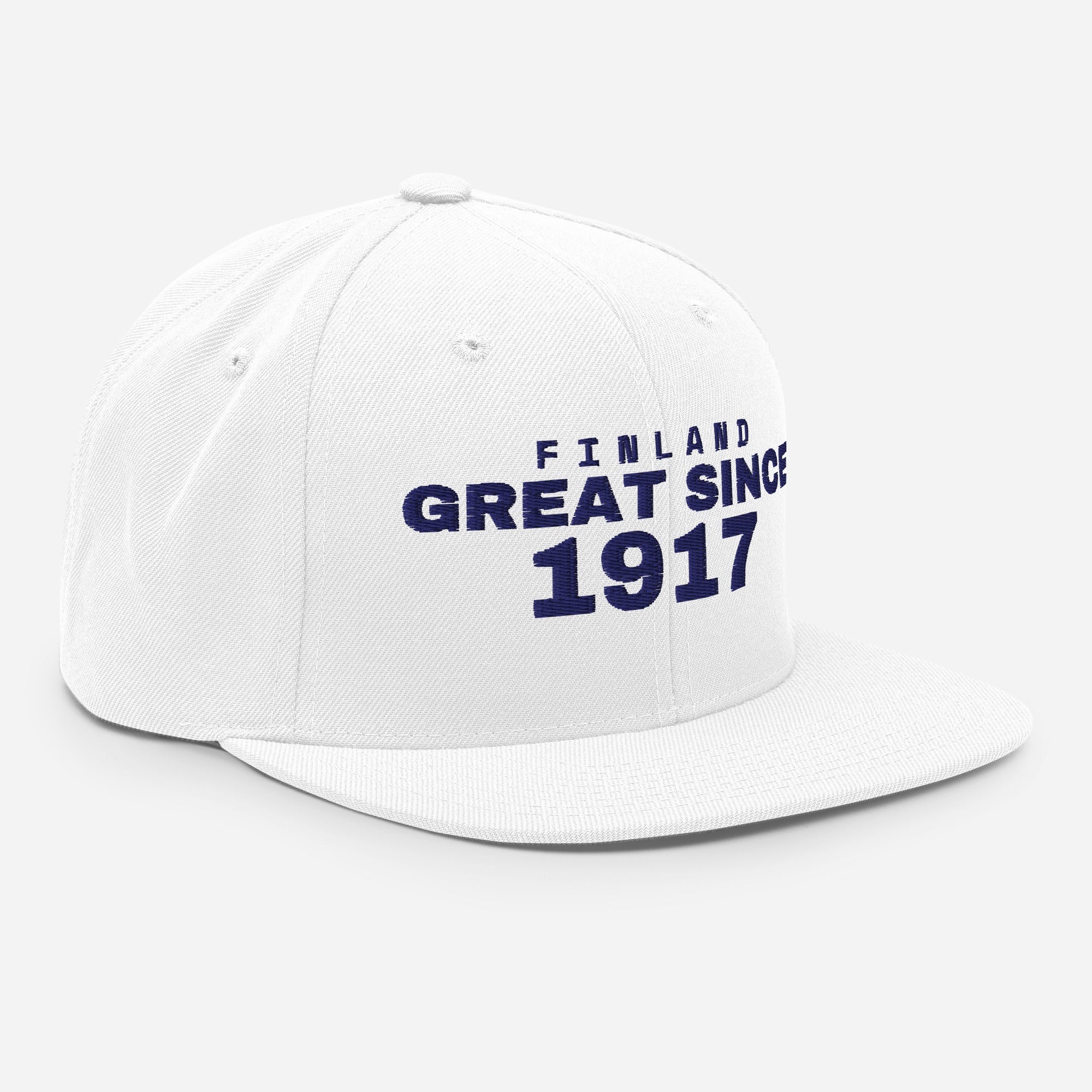 White snapback cap with FINLAND GREAT SINCE 1917 embroidery