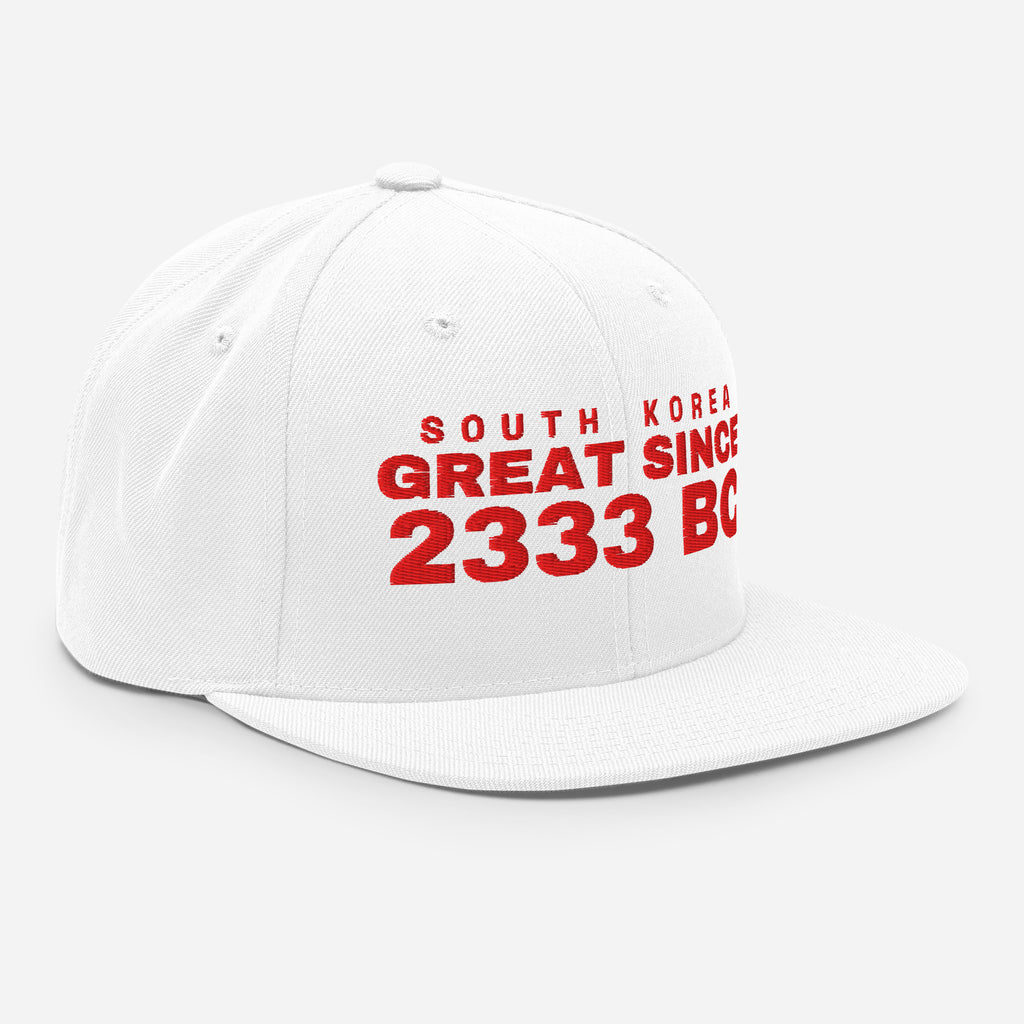 White snapback cap with SOUTH KOREA GREAT SINCE 2333 BC embroidery