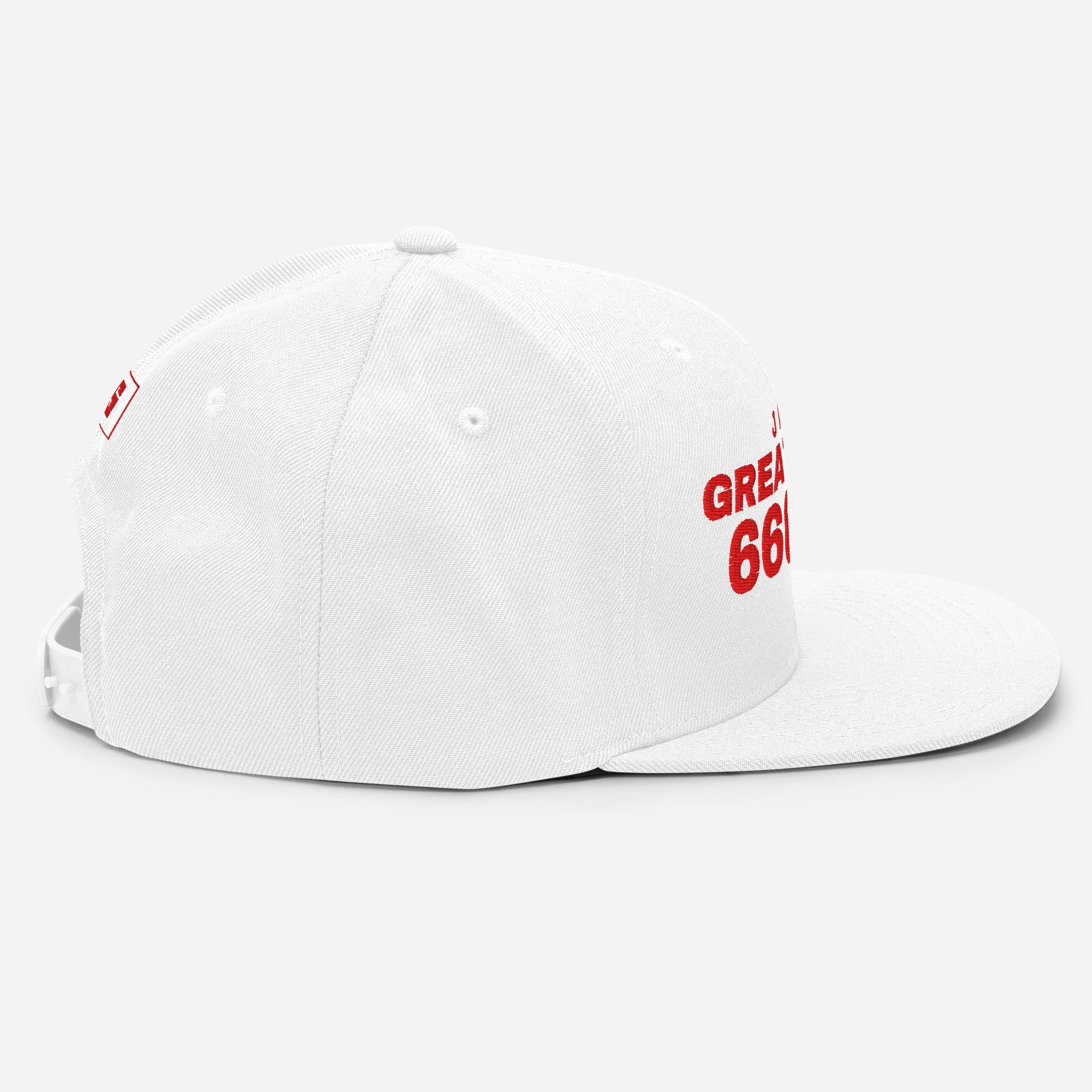 White snapback cap with JAPAN GREAT SINCE 660 BC embroidery