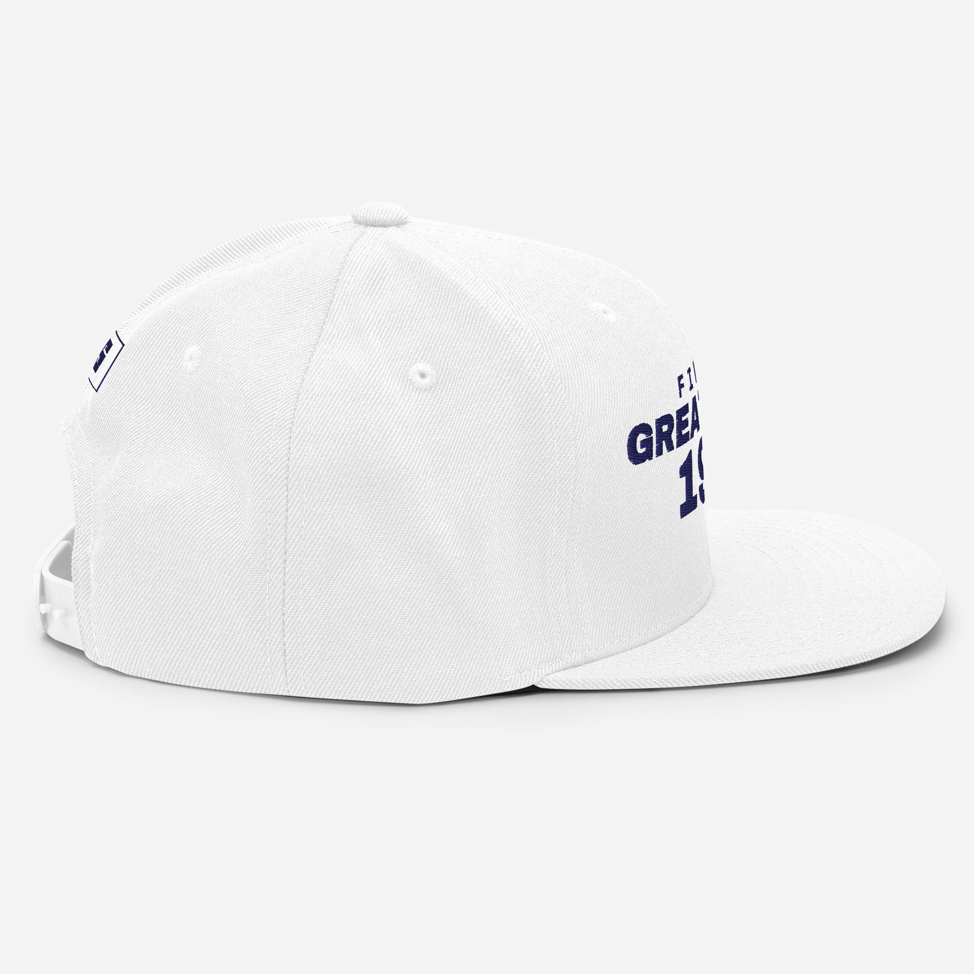 White snapback cap with FINLAND GREAT SINCE 1917 embroidery