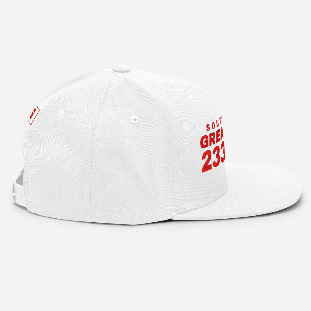 White snapback cap with SOUTH KOREA GREAT SINCE 2333 BC embroidery